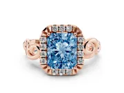 Fancy Blue Radiant Cut Diamond Halo Ring Set in Rose gold with Scrollwork Band and Prong Setting