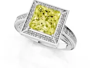 Fancy Yellow Princess Cut Diamond Halo Pavé Split Shank Ring Set in Platinum with Prong Setting