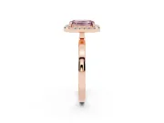 Fancy Pink Emerald Cut Diamond Halo Solitaire Ring Set in Rose gold with Pavé Band and Prong Setting