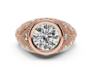 Round Cut Diamond Bezel Ring Set in Rose gold with Milgrain Accent Band