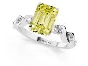 Fancy Yellow Emerald Cut Diamond Solitaire Ring Set in Silver with Ribbon Twist Band, Round Accents and Prong Setting