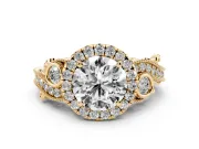 Round Vintage Milgrain Halo Engagement Ring Setting | Bezel Shoulder Accents | Yellow Gold