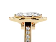 Marquise Cut Diamond Halo Solitaire Ring Set in Yellow gold with Pavé Band and Bezel Setting