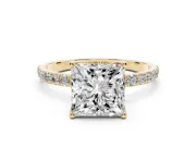 Princess Cut Pave Solitaire Engagement Ring Setting | Fine Line Pave Band | Yellow Gold