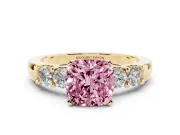 Fancy Pink Cushion Cut Diamond Five-Stone Prong Set Engagement Ring Set in Yellow gold with Channel Band