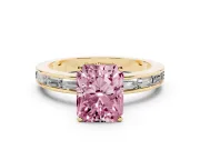 Fancy Pink Radiant Cut Diamond Solitaire Ring Set in Yellow gold with Channel-Set Baguette Band and Prong Setting