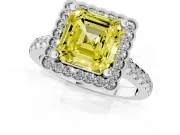 Fancy Yellow Asscher Cut Diamond Milgrain Floral Halo Engagement Ring Set in White gold with Pavé Band