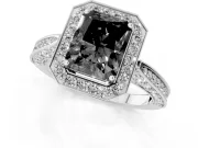 Radiant Cut Milgrain Halo Engagement Ring Setting for a Black Center | Side Stones | White Gold