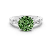 Fancy Green Round Cut Diamond Solitaire Ring Set in Silver with Tapered Baguette Side Stones and Prong Setting