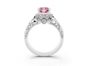 Fancy Pink Cushion Cut Diamond Filigree Halo Engagement Ring Set in White gold with Prong Setting