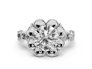 Round Floral Engagement Ring Setting | Petal Frame and Side Stones | Sterling Silver