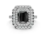 Fancy Black Radiant Cut Lab-Grown Diamond Double Halo Statement Ring Set in White Gold with Pavé Band