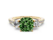 Cushion Cut Three Stone Engagement Ring Setting for a Fancy Green Lab-Grown Diamond | Pave Shoulders | Yellow Gold