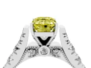 Fancy Yellow Emerald Cut Diamond Classic Solitaire Ring Set in White gold with Pavé Band and Prong Setting