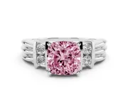 Fancy Pink Three-Stone Cushion Cut Diamond Channel Set Ring Set in Silver with Bar Prongs