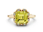 Fancy Yellow Asscher Cut Diamond Round Cluster Halo Ring Set in Yellow gold with Solitaire Band and Prong Setting
