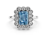 Emerald Cut Scalloped Cluster Halo Engagement Ring Setting for a Fancy Blue Lab-Grown Diamond | Plain Band | Platinum
