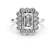 Emerald Cut Scalloped Cluster Halo Engagement Ring Setting | Plain Band | Sterling Silver