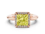 Fancy Yellow Princess Cut Diamond Halo Engagement Ring Set in Rose gold with Plain Split Shank and Prong Setting