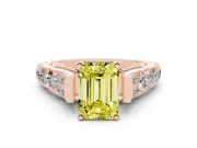 Fancy Yellow Emerald Cut Diamond Classic Solitaire Ring Set in Rose gold with Pavé Band and Prong Setting