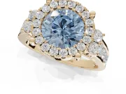 Round Halo Engagement Ring Setting for a Fancy Blue Lab-Grown Diamond | Side Clusters | Yellow Gold