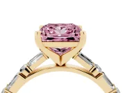 Fancy Pink Princess Cut Diamond Solitaire Set in Yellow gold with Side Baguettes and Channel Set Band