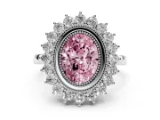 Fancy Pink Oval Cut Diamond Halo Ring Set in White gold with Milgrain Edge and Round Prong Setting