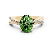 Fancy Green Oval Cut Diamond Twist Band Solitaire Set in Yellow gold with Pavé Accents and Prong Setting