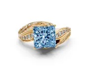 Fancy Blue Princess Cut Diamond Solitaire Ring Set in Yellow gold with Layered Twist Pavé Band
