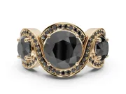 Round Three Stone Halo Engagement Ring Setting for a Black Center | Pavé Wave Band | Yellow Gold
