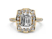 Emerald Cut Petal Tip Halo Engagement Ring Setting | Single Row Pavé Band | Yellow Gold