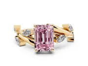 Fancy Pink Emerald Cut Diamond Solitaire Ring Set in Yellow gold with Twisted Marquise Accent Band