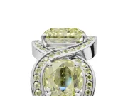 Radiant Cut Three Stone Halo Engagement Ring Setting for a Fancy Yellow Lab-Grown Diamond | Pavé Wave Band | Platinum