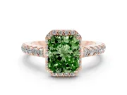 Fancy Green Radiant Cut Diamond Halo Engagement Ring Set in Rose gold with Pavé Band and Prong Setting