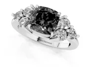 Fancy Black Cushion Cut Diamond Solitaire Ring Set in Silver with Cluster Accents on Each Side