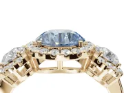 Round Three Stone Halo Engagement Ring Setting for a Fancy Blue Lab-Grown Diamond | Yellow Gold