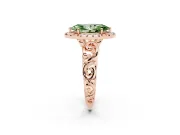 Fancy Green Marquise Cut Diamond Halo Ring Set in Rose gold with Scrollwork Band and Prong Setting