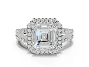Asscher Cut Halo Split Shank Engagement Ring Setting | Pavé Shoulders | White Gold
