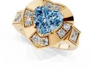 Fancy Blue Heart Cut Diamond Milgrain Halo Ring Set in Yellow gold with Split Shank