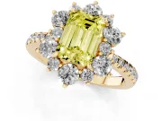 Fancy Yellow Emerald Cut Diamond Floral Halo Ring Set in Yellow gold with Round Pavé Band and Prong Setting