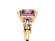 Fancy Pink Three-Stone Asscher Cut Diamond Ring Set in Yellow gold with Prong Setting and Plain Band