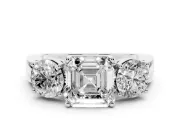 Asscher Cut Three Stone Engagement Ring Setting | Wide Plain Band | White Gold