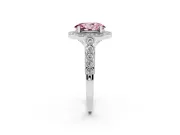 Fancy Pink Oval Cut Diamond Milgrain Halo Solitaire Ring Set in Silver with Bezel Set Side Stones and Pavé Band