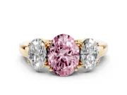 Oval Three Stone Engagement Ring Setting for a Fancy Pink Lab-Grown Diamond | Double Claw Head | Yellow Gold