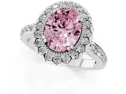 Fancy Pink Oval Cut Diamond Halo Ring Set in White gold with Pavé Shank and Prong Setting