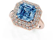 Fancy Blue Asscher Cut Diamond Halo Engagement Ring Set in Rose gold with Solitaire Band and Prong Setting