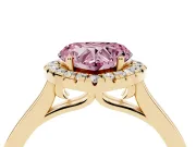Fancy Pink Heart Cut Halo Round Diamond Solitaire Ring Set in Yellow gold with Pavé Band and Prong Setting