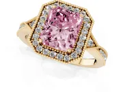 Fancy Pink Radiant Cut Diamond Halo Engagement Ring Set in Yellow gold with Milgrain Pavé Band