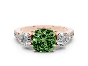 Fancy Green Cushion Cut Diamond Three-Stone Ring Set in Rose gold with Round Side Stones and Delicate Pavé Band