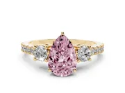 Fancy Pink Three-Stone Pear Cut Diamond Pavé Band Ring Set in Yellow gold with Prong Setting